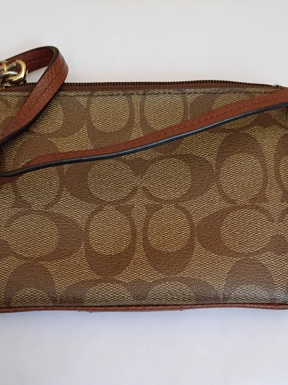 Coach Brown Signature Canvas Wristlet with Gold Logo